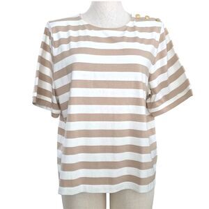 J Crew Beige White Striped Top XL Gold Button Shoulder Nautical Preppy Breton